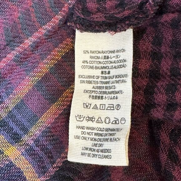 Free People Come On Over Plaid Tunic Button Pleated Hi Lo Fray Purple Gold Sz XS - Picture 8 of 9